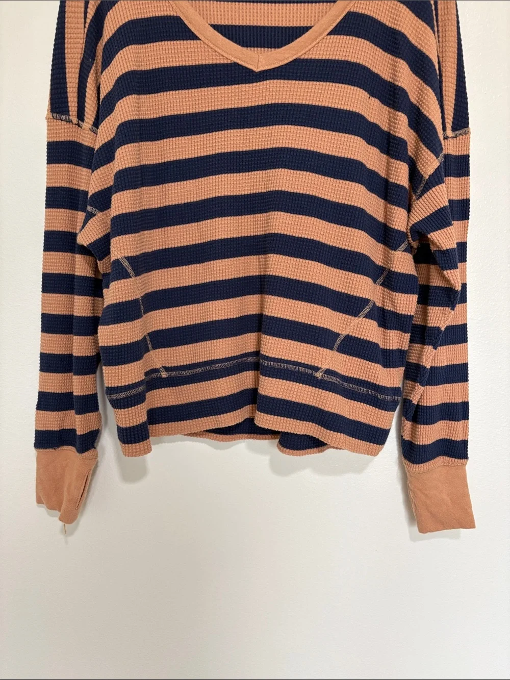 Aerie Wow! Striped Thermal Waffle Knit Oversized Long Sleeve Shirt Tan Small - Picture 6 of 10